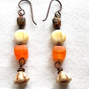 Earrings orange green Vintage Beads New Czech bellflower Niobium Ear Wires